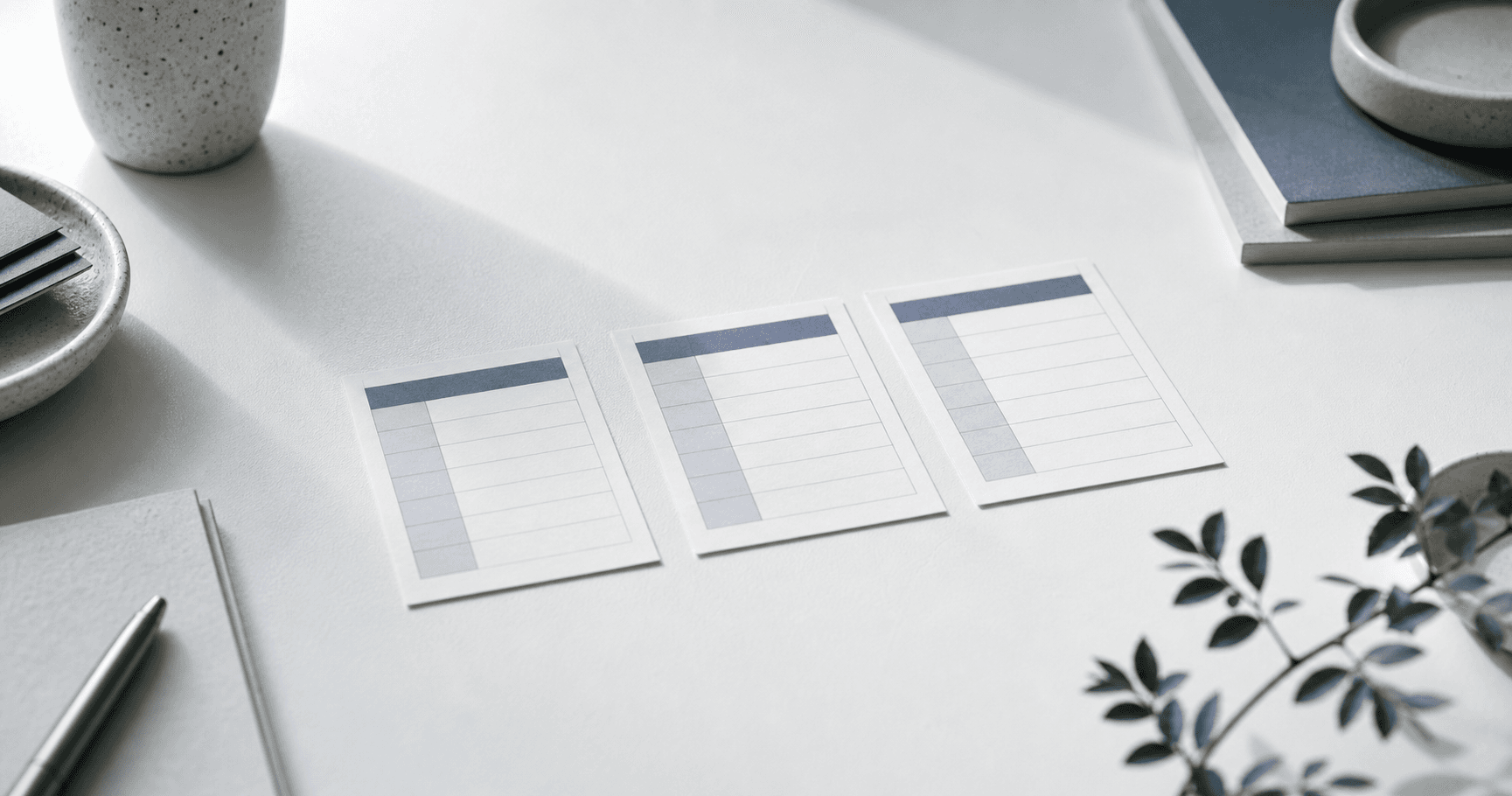 Three crisp index cards arranged in a row on a clean white desk in cool light