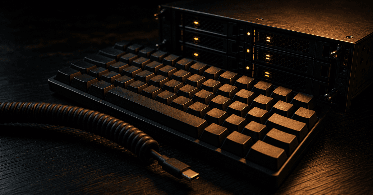 Mechanical keyboard and small server module on a dark wood desk in warm amber side lighting