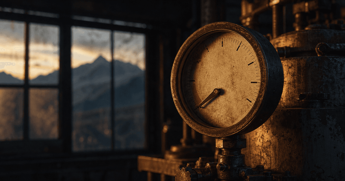 A dimly lit industrial pressure dial with its needle dropped low, mountain ridge faint in the background