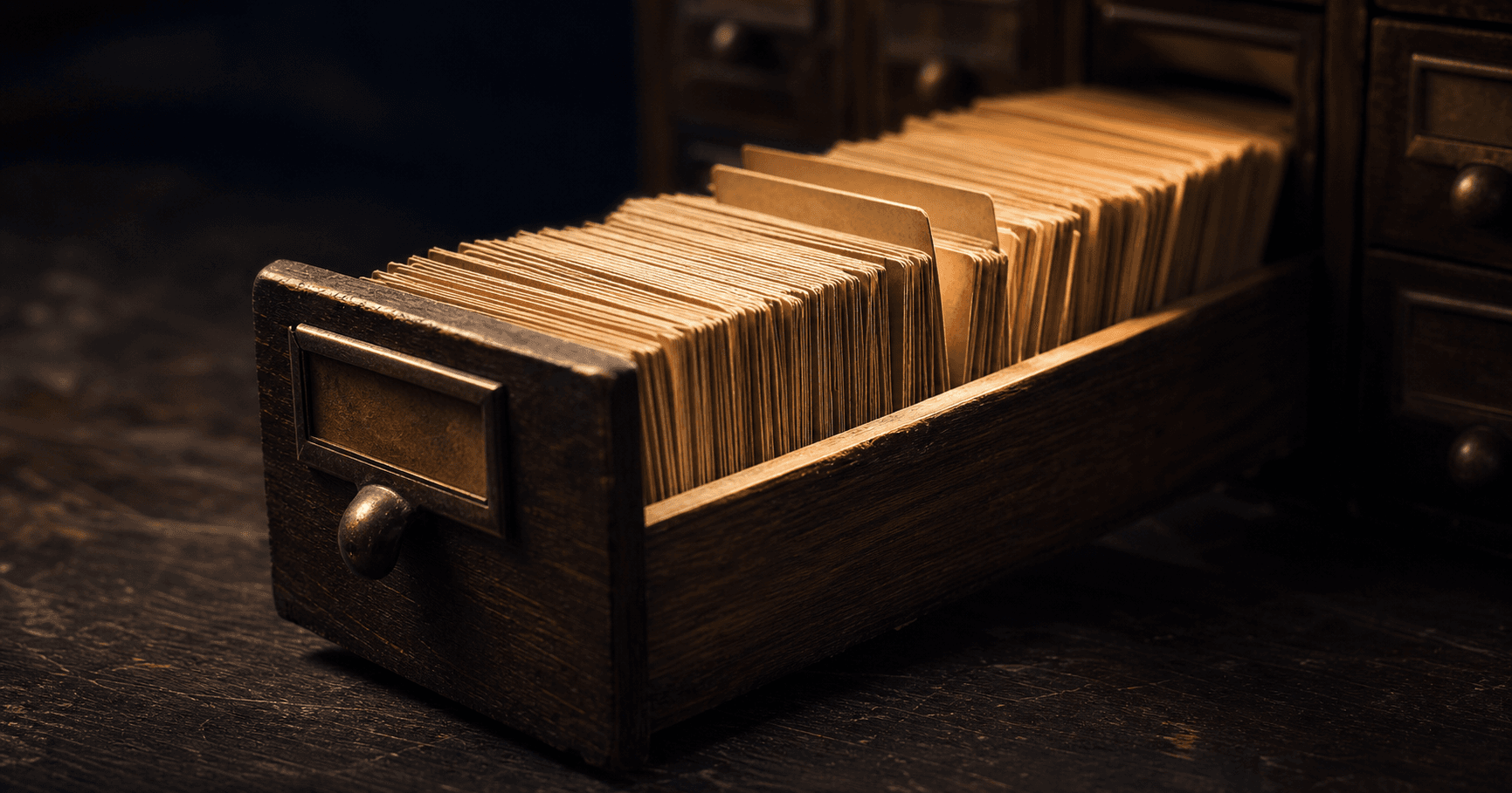 An open card-catalog drawer of index cards lit by warm side light against deep shadow