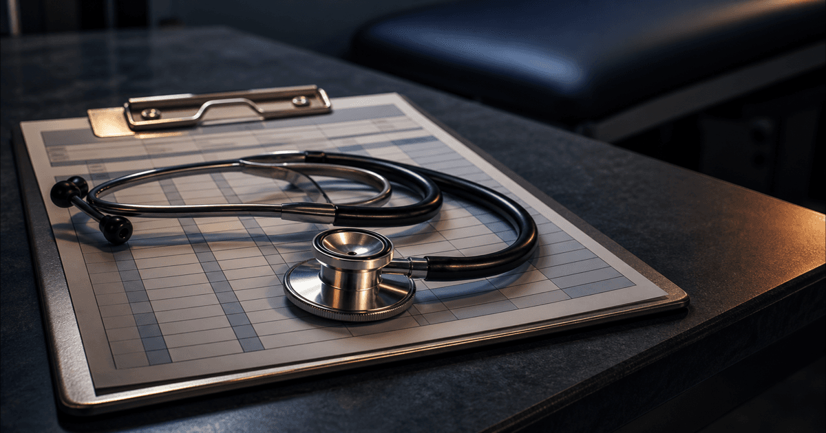 A stethoscope coiled on a staffing roster clipboard on a dark exam-room counter, lit by hard amber side light against navy-charcoal shadow.