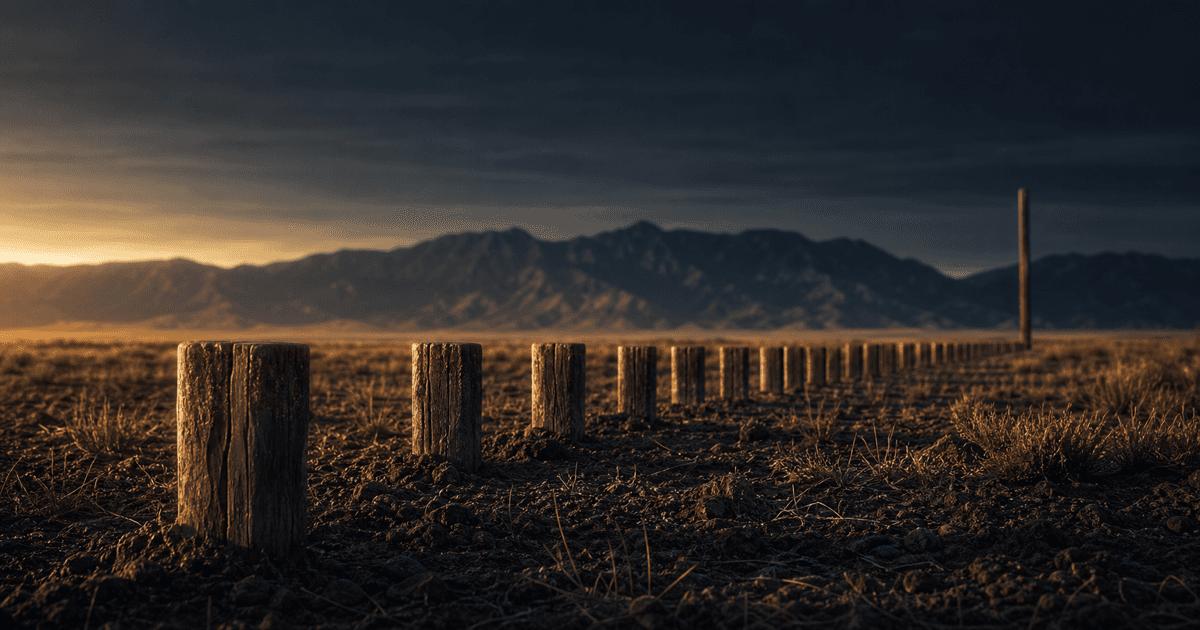 A row of weathered survey stakes at nearly equal height across dry ground, one far taller at the end, mountain ridge on the horizon at dawn