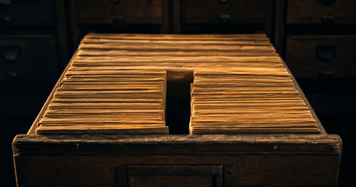 Open card catalog drawer with one index card missing from the row
