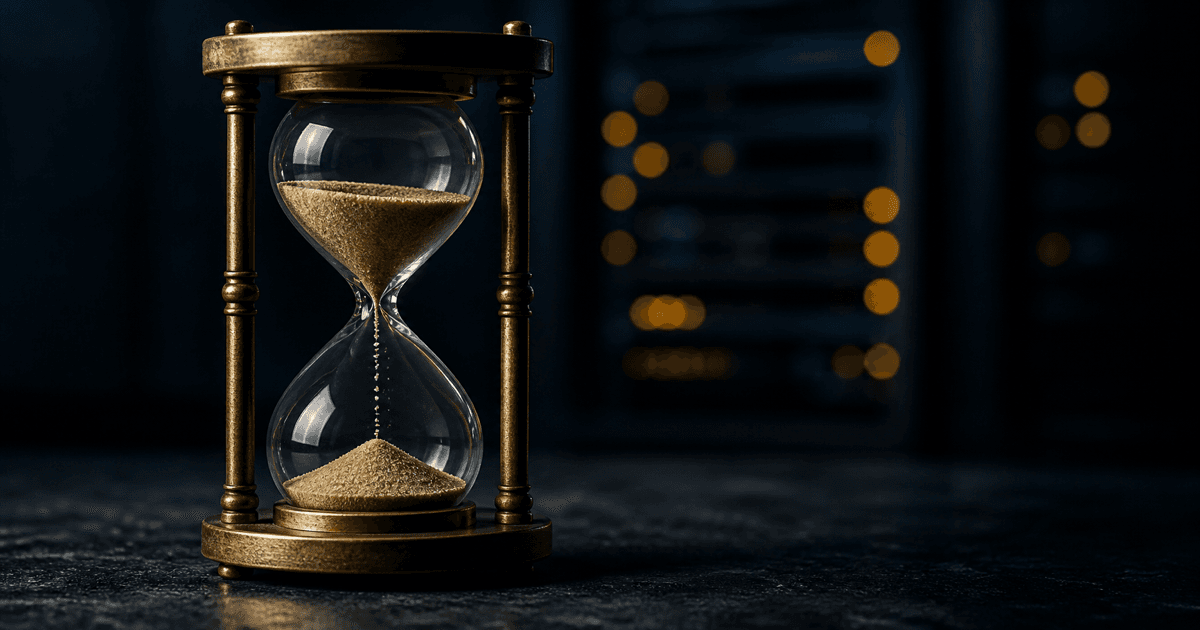 Hourglass with sand halted mid-fall, amber server lights glowing behind