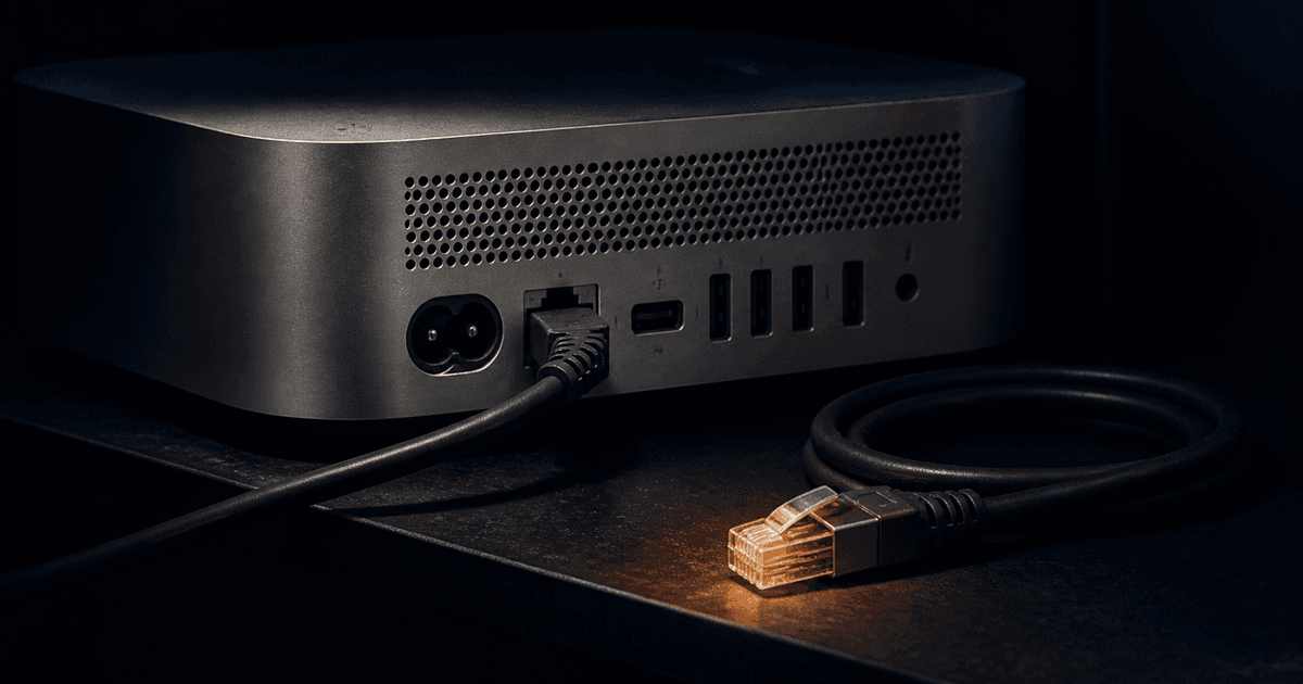 Rear of a small computer, one cable connected, one unplugged in shadow