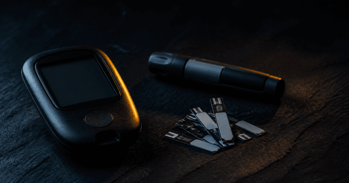 Handheld blood glucose meter and scattered test strips under dramatic amber side lighting