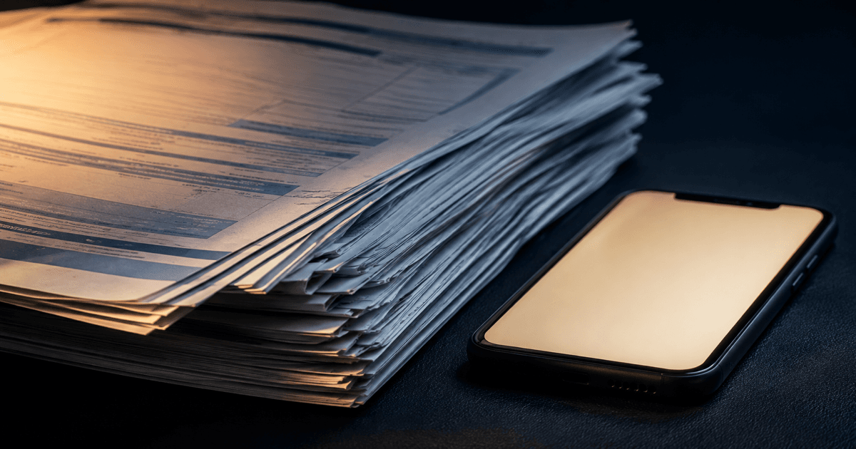 Printed lab report pages fanned under amber side light beside a glowing phone