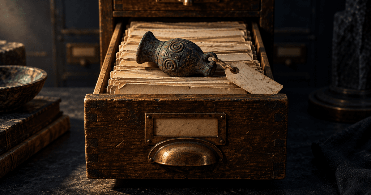 Open museum card catalogue drawer with a tagged bronze artifact resting on top
