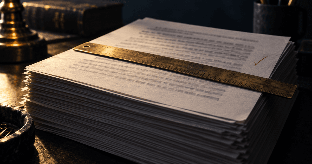 Brass ruler resting across a tall stack of printed transcript pages under dramatic side light
