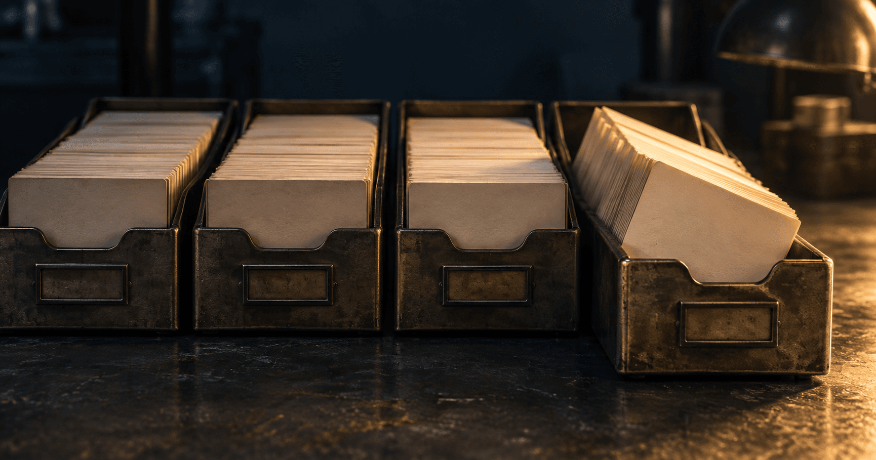 Four steel card-sorting trays, one tipping blank cards into its neighbour under hard side light