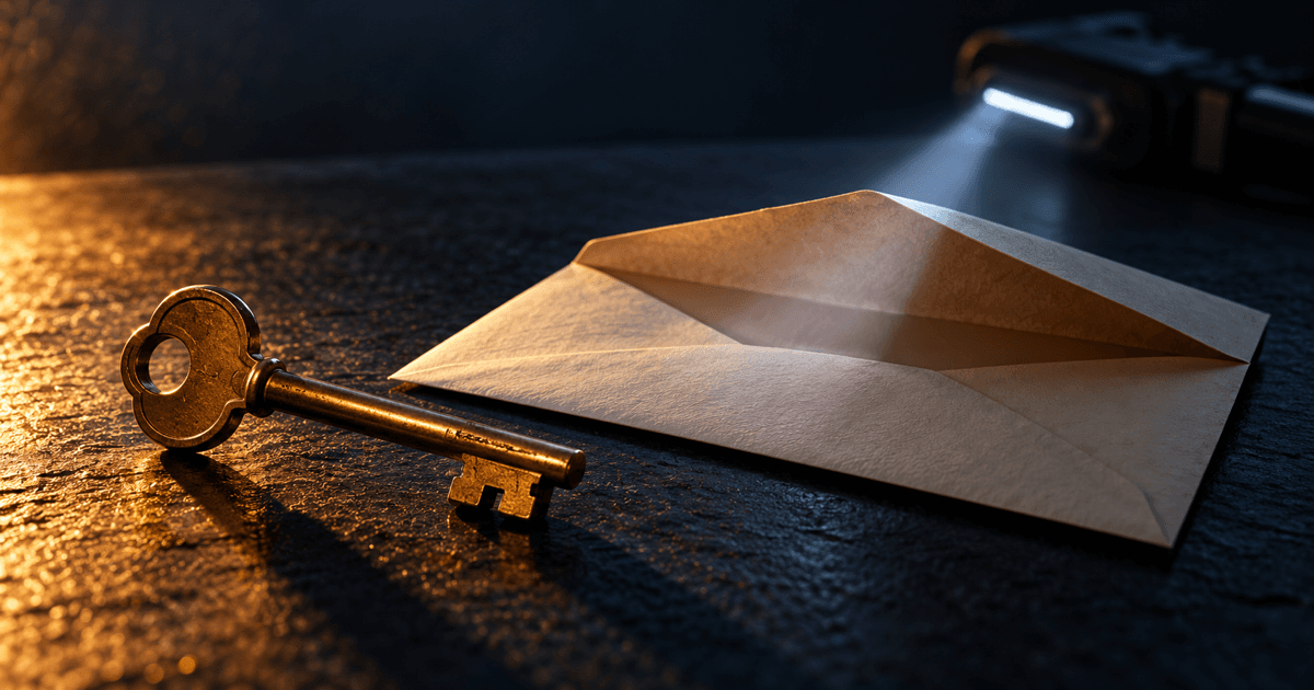 Brass key beside an open empty envelope as a scanner beam sweeps across it