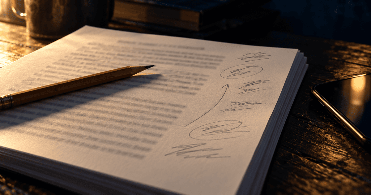 Printed manuscript page with pencil margin marks beside a pencil and phone