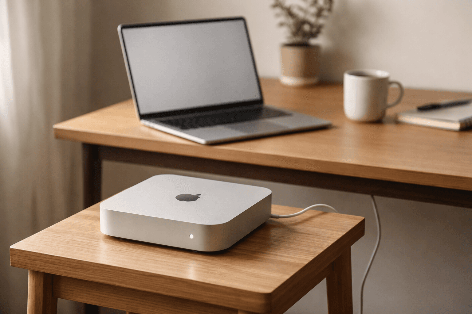 Mac Mini running independently on a side table next to a clean laptop workspace.