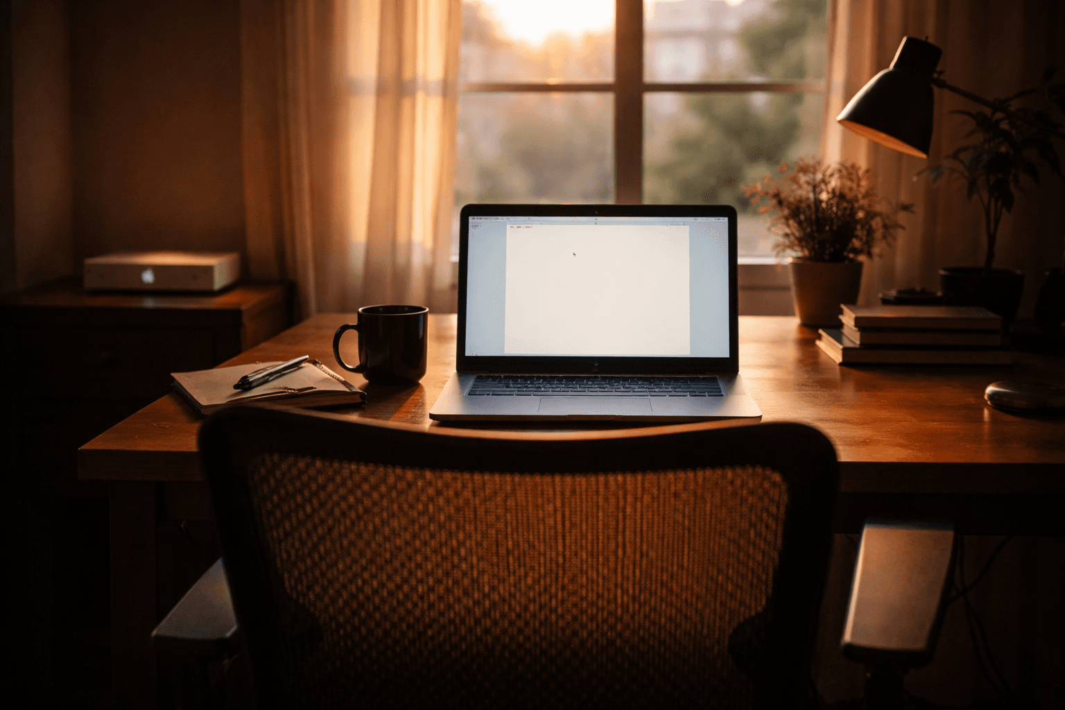 Empty desk chair facing a glowing laptop and Mac Mini at dawn, waiting for someone to begin.