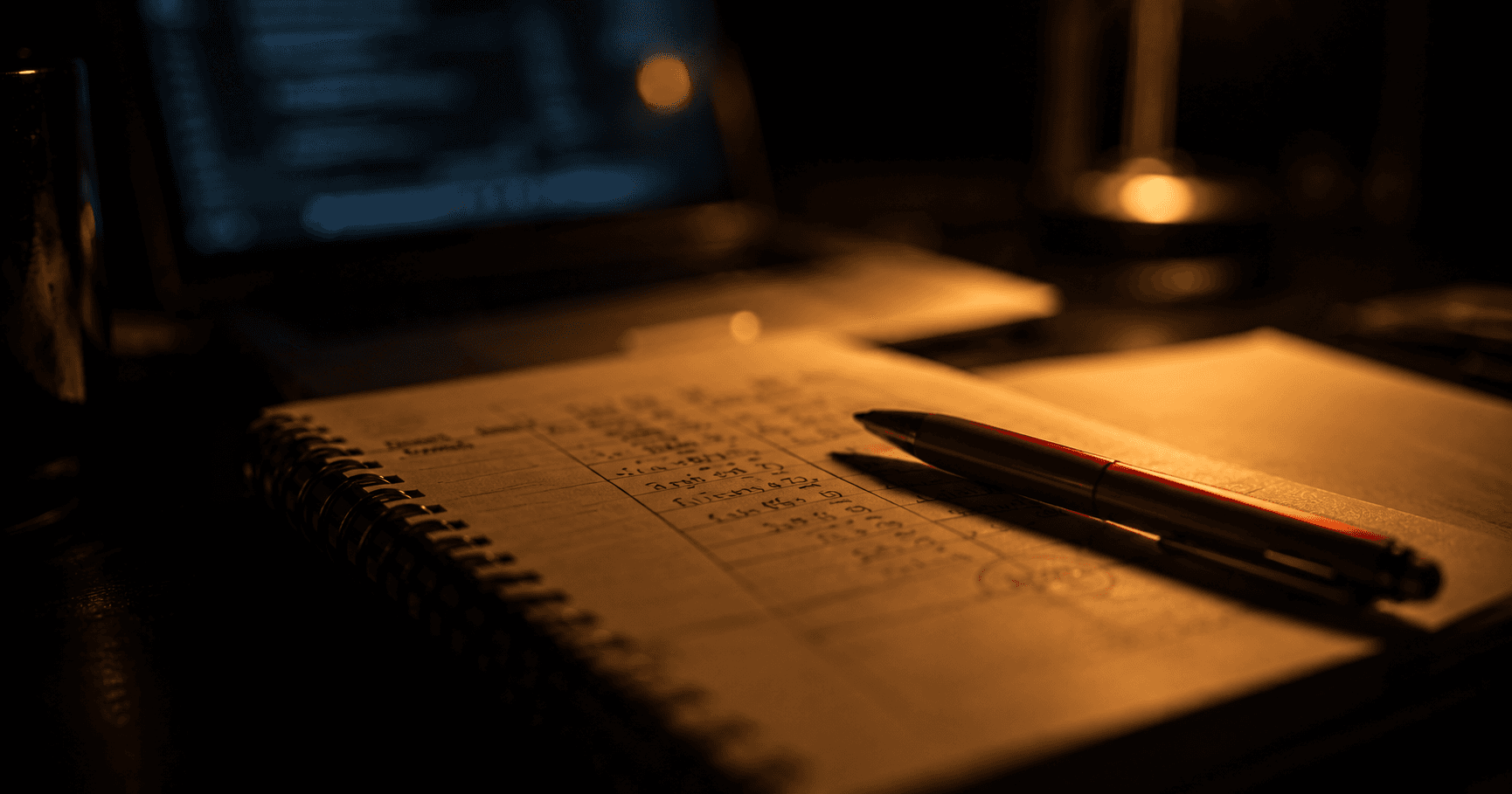 Spiral notebook open on a dark desk with red pen marks, laptop screen glowing out of focus in the background