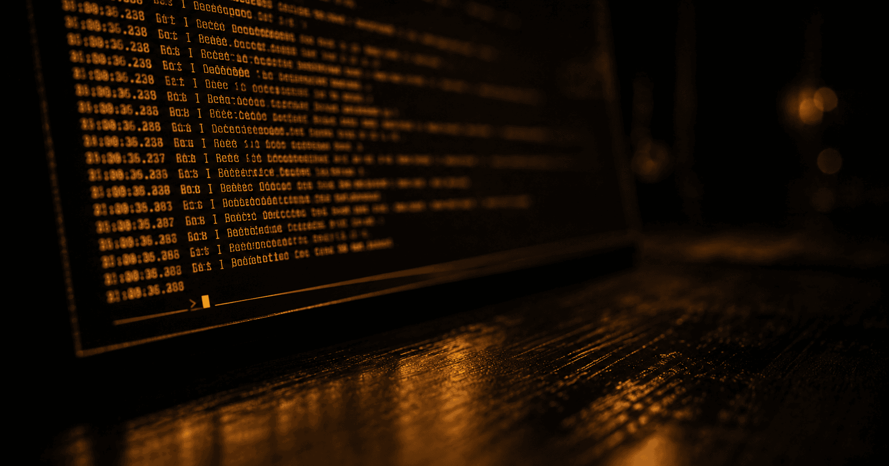 Terminal screen glowing amber in a dark room, scrolling log output visible, cursor frozen mid-line