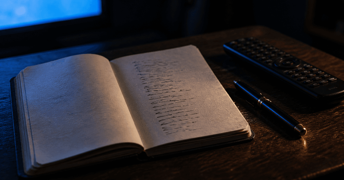 Open handwritten notebook, pen and TV remote on a dark table in television glow